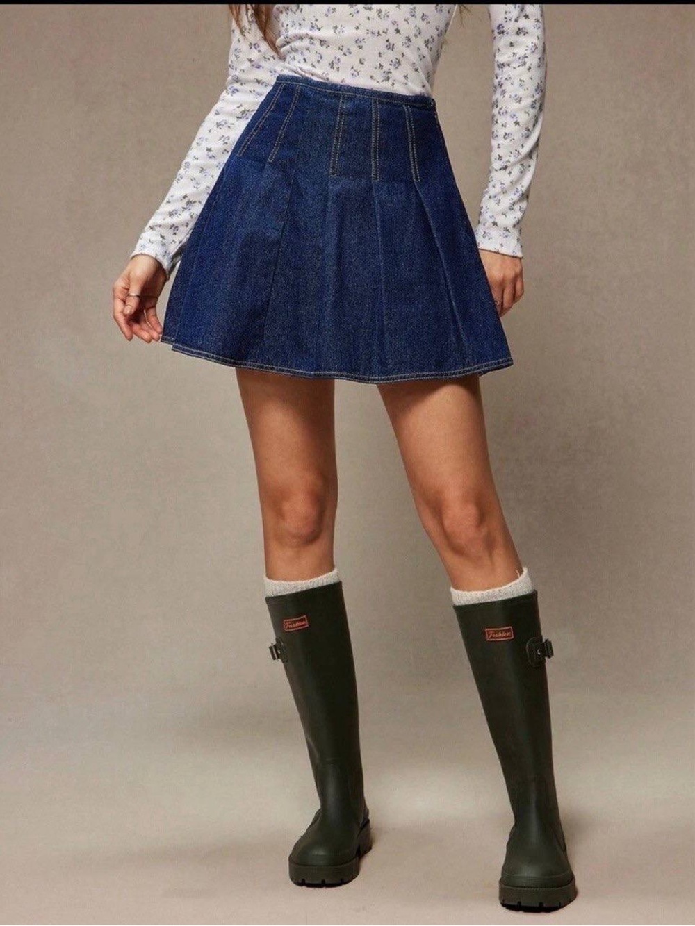 High-Waist Blue Denim Pleated Skater Skirt